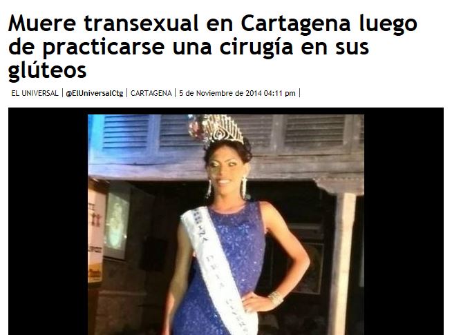 Colombia, transessuale muore dopo intervento chirurgia plastica ai glutei