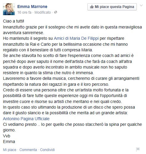 Maria de Filippi, Emma Marrone coach di Amici. I primi nomi...