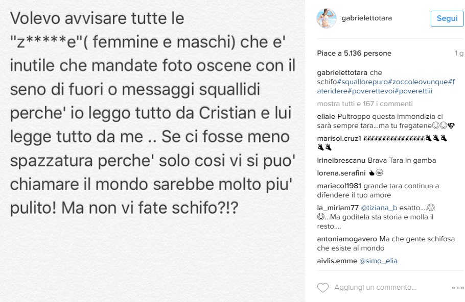 Tara Gabrieletto a fan di Cristian Galella: "Non vi fate schifo?"
