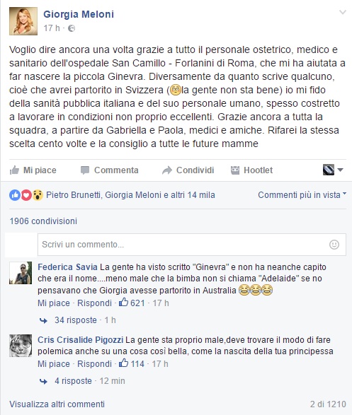 Giorgia Meloni "ha partorito in Svizzera": lei risponde così