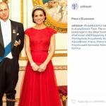 Kate Middleton look: abito rosso firmato Jenny Packham e tiara di Lady D