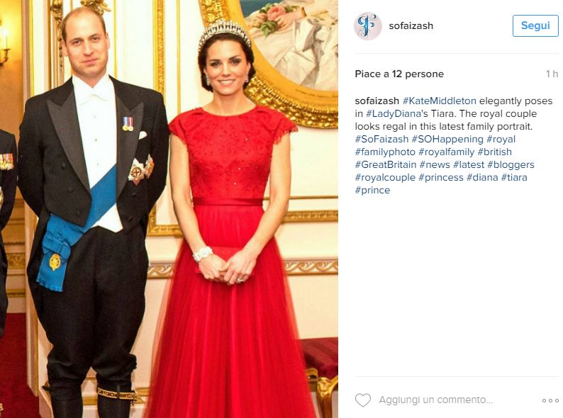 Kate Middleton look: abito rosso firmato Jenny Packham e tiara di Lady D