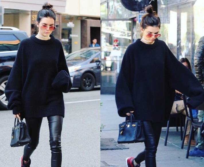 Kendall Jenner casual: legging di pelle e maxi maglione FOTO