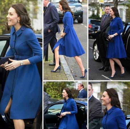 Kate Middleton osa: cappottino blu e spacco FOTO