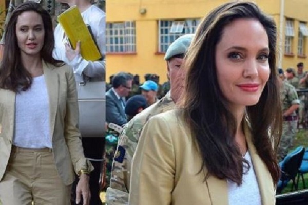 Angelina Jolie a Nairobi: completo beige e sandali bassi