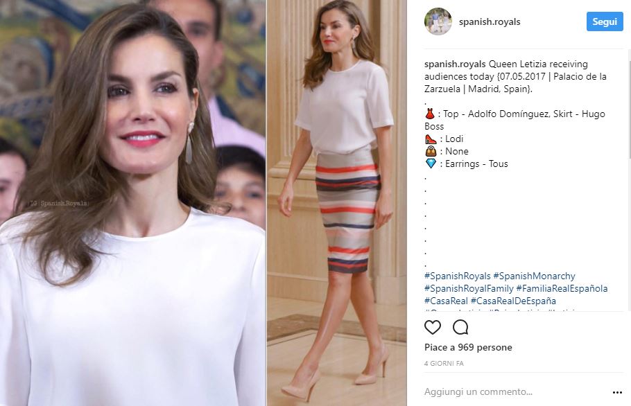 Letizia Ortiz look: gonna longuette multicolor e tacchi