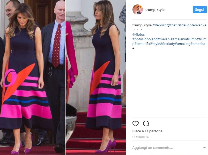 Melania Trump, look estivo: abito multicolor firmato Delpozo