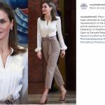 Letizia Ortiz ultimo look: camicia bianca e pantalone a vita alta