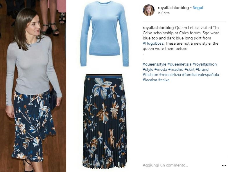 Letizia Ortiz, look primaverile: gonna floreale e maglia celeste