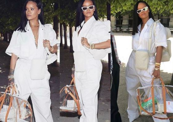 Rihanna, jumpsut bianca alla prima sfilata Virgil Abloh per Louis Vuitton