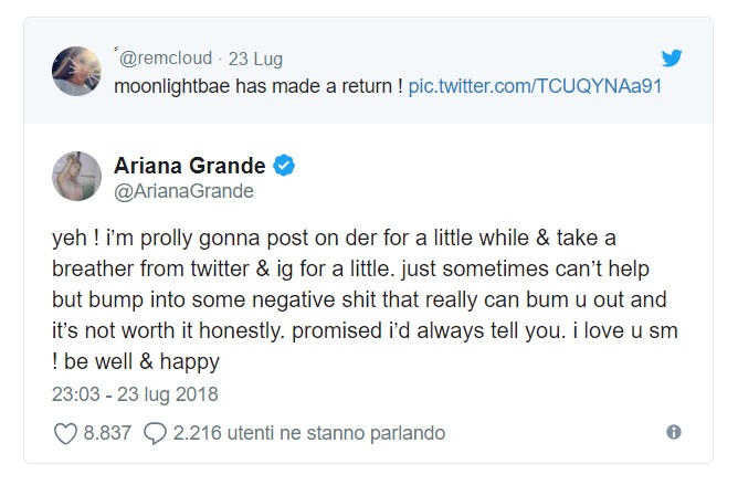Ariana Grande contro Instagram: annuncia pausa dai Social