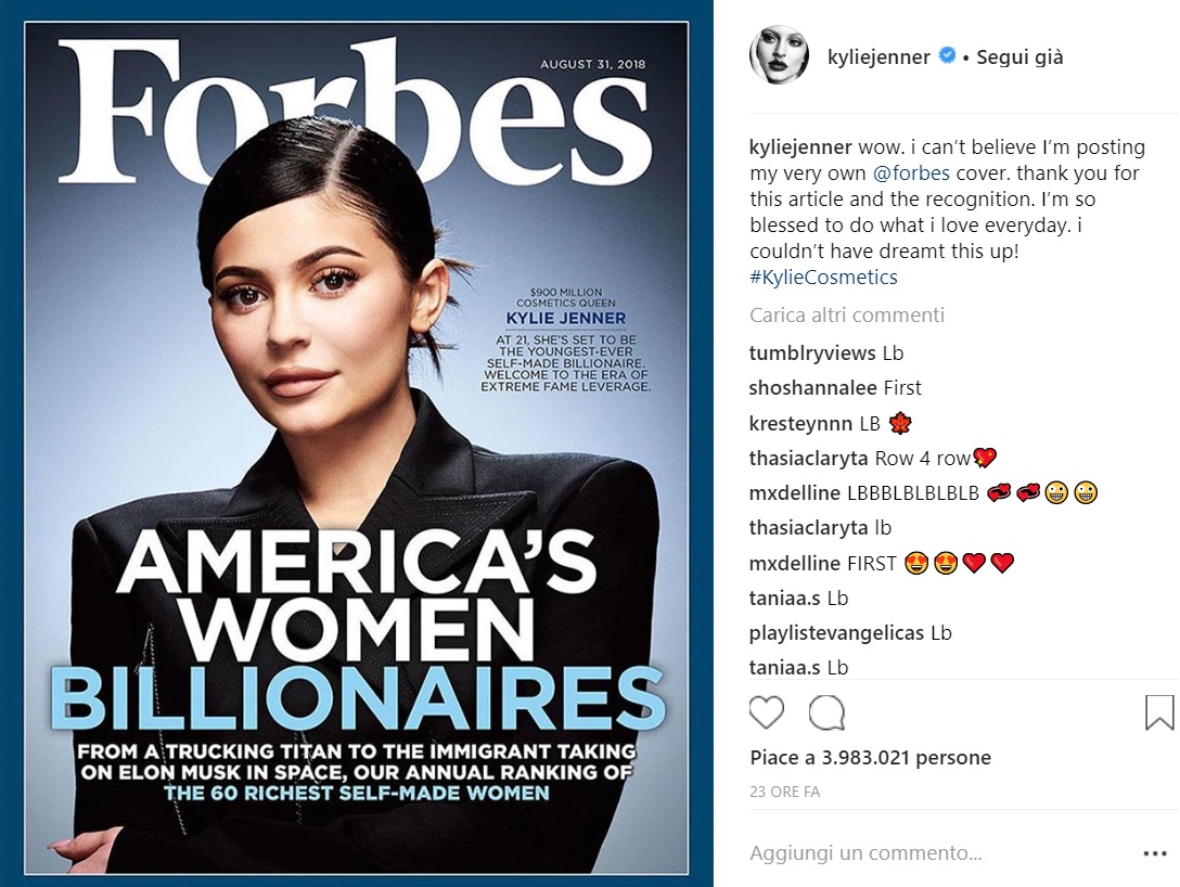 Kylie Jenner la più giovane miliardaria d'America supera anche Mark Zuckerberg!