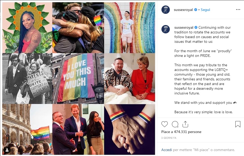 Meghan Markle e Harry celebrano su Instagram la comunità LGBT: "Amore è amore"