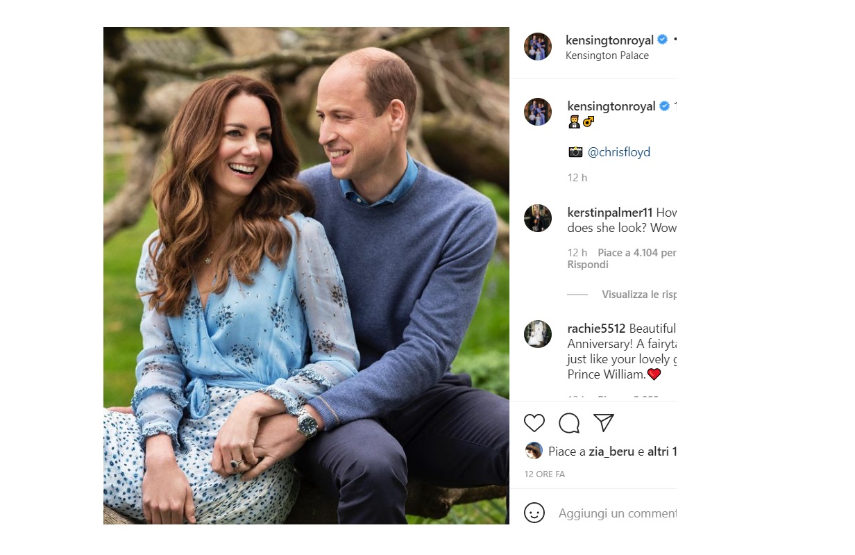 Kate Middleton e William in una foto nel 10 anniversario di matrimonio