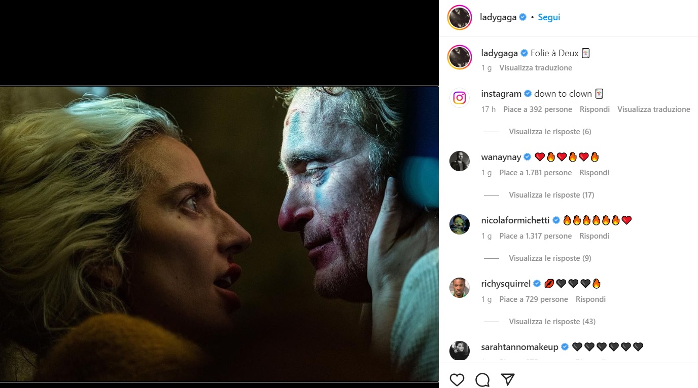 Lady Gaga in una immagine del film sequel di Joker, foto instagram