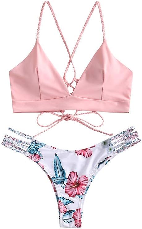 Costume bikini intrecciato rosa e stampa con fiori
